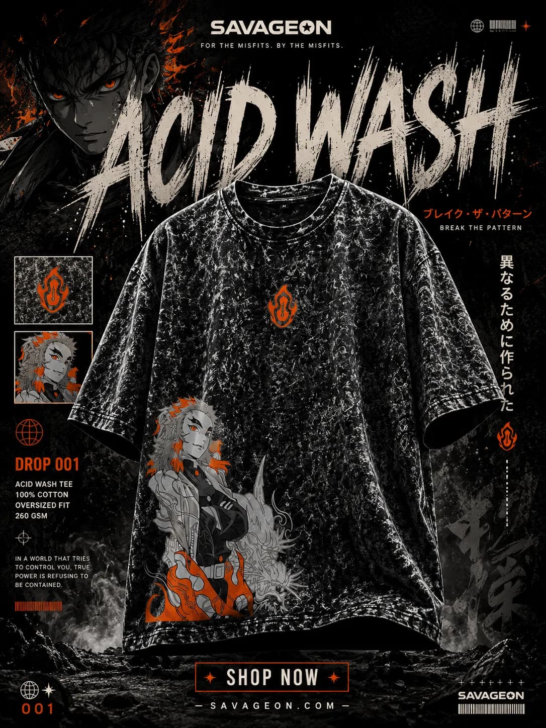 Acid Wash Anime Drop Shoulder — Black Rengoku — Savageon Bangladesh