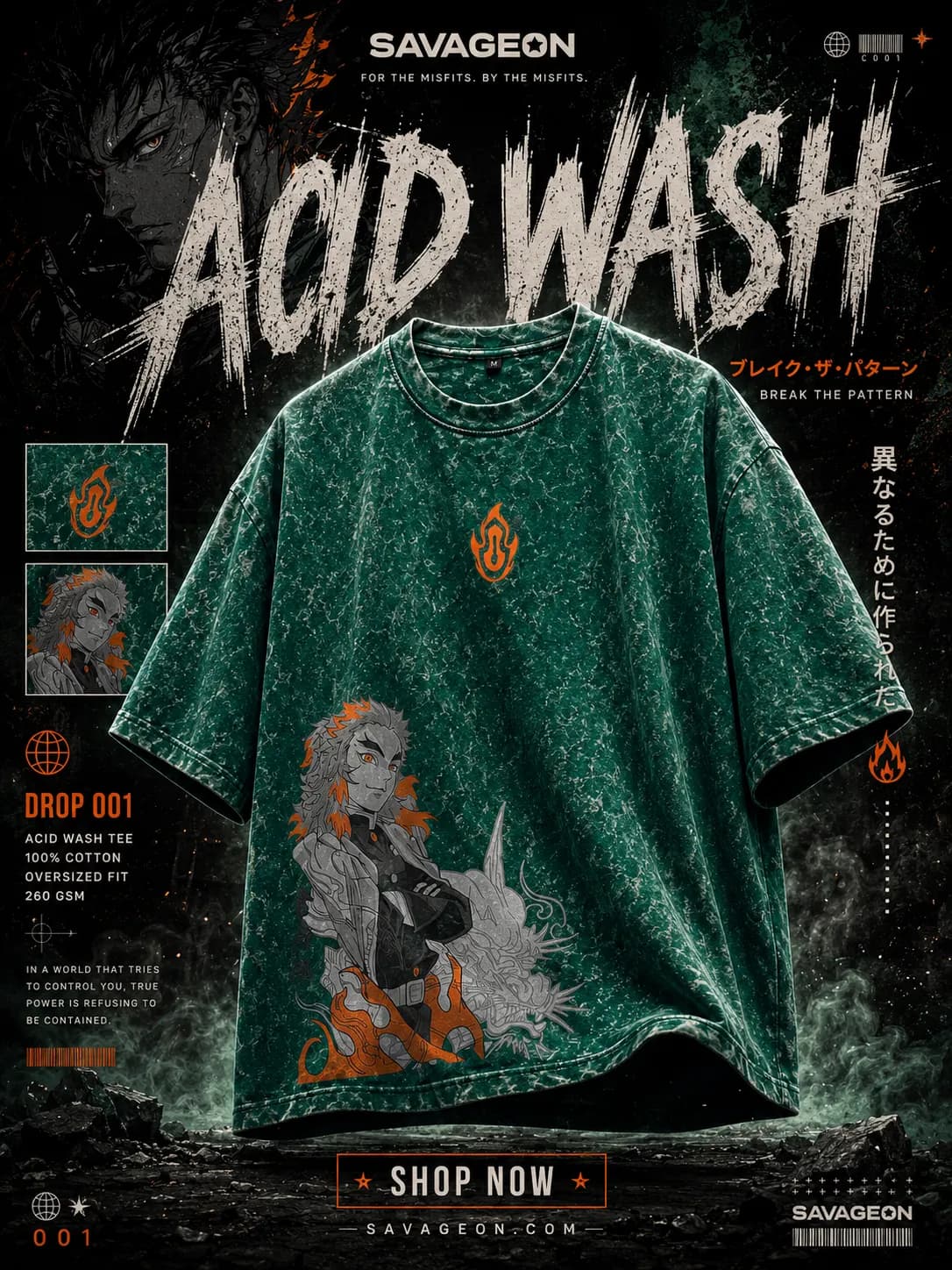 Acid Wash Anime Drop Shoulder — Green Rengoku — Savageon Bangladesh