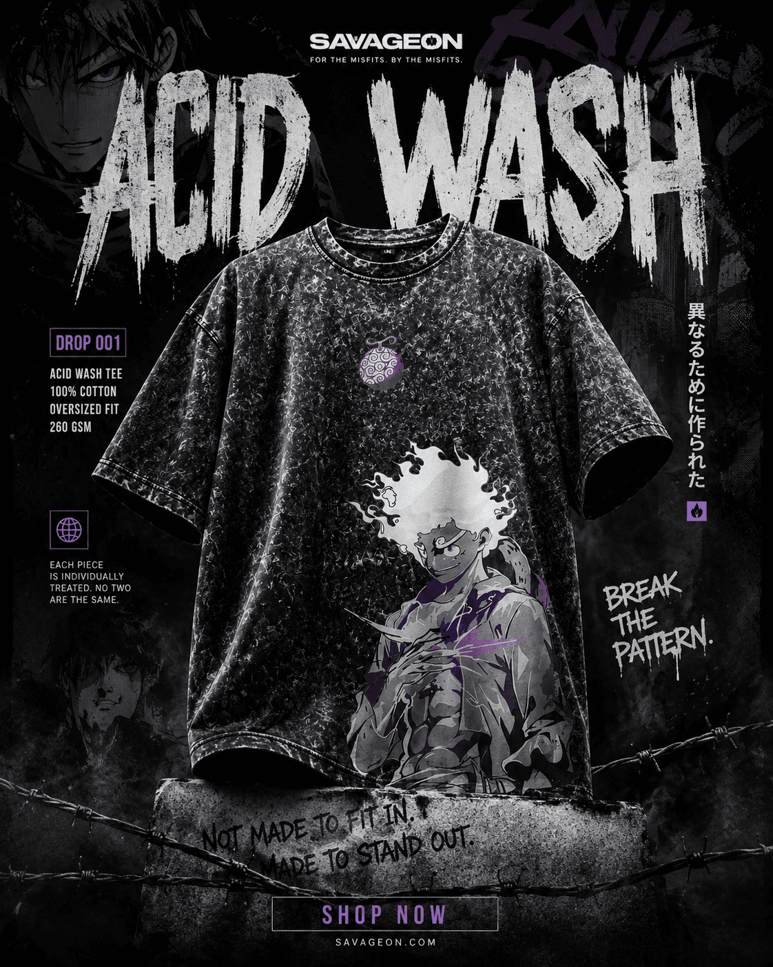 Acid Wash Anime Drop Shoulder — Black Luffy — Savageon Bangladesh