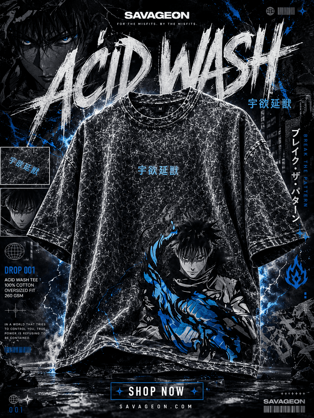 Acid Wash Anime Drop Shoulder — Black Megumi — Savageon Bangladesh