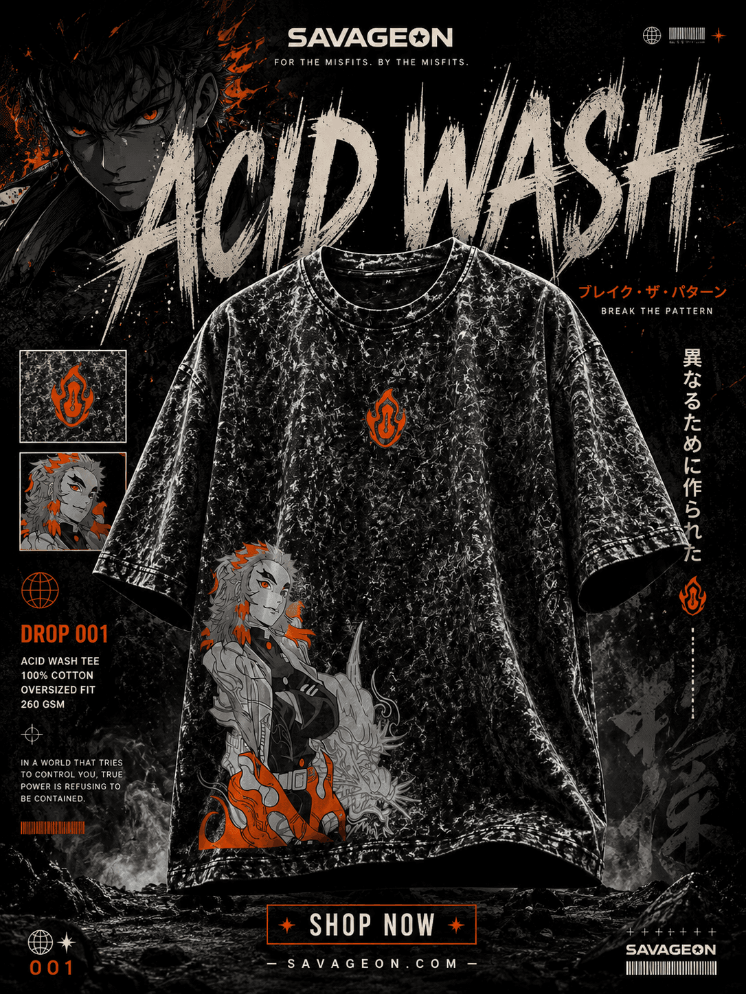 Acid Wash Anime Drop Shoulder — Black Rengoku — Savageon Bangladesh