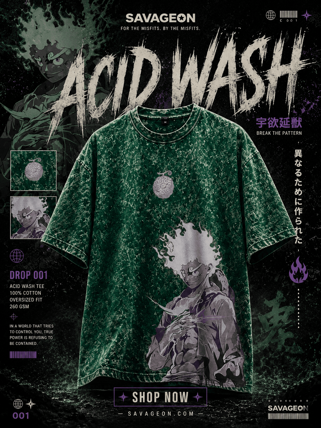Acid Wash Anime Drop Shoulder — Green Luffy — Savageon Bangladesh