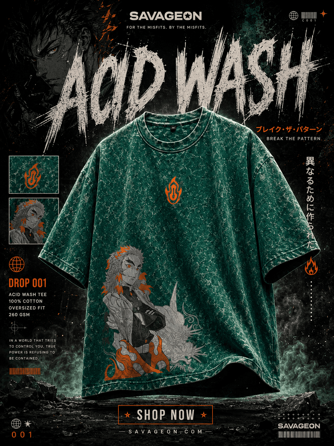 Acid Wash Anime Drop Shoulder — Green Rengoku — Savageon Bangladesh