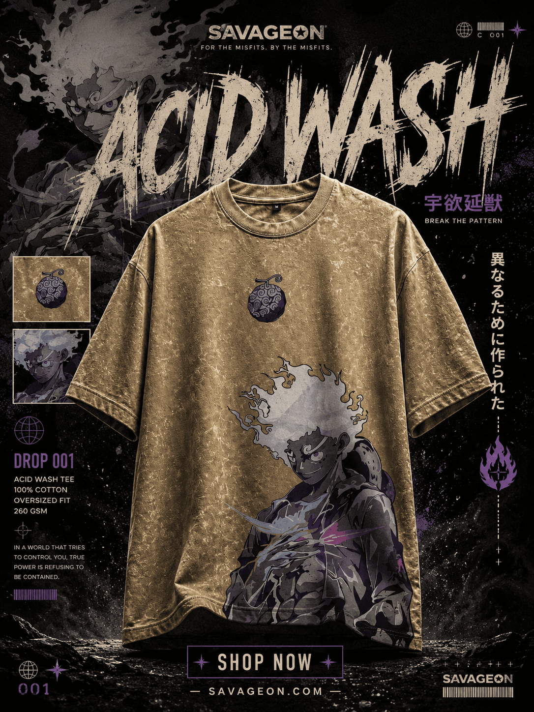 Acid Wash Anime Drop Shoulder — Sand Luffy — Savageon Bangladesh