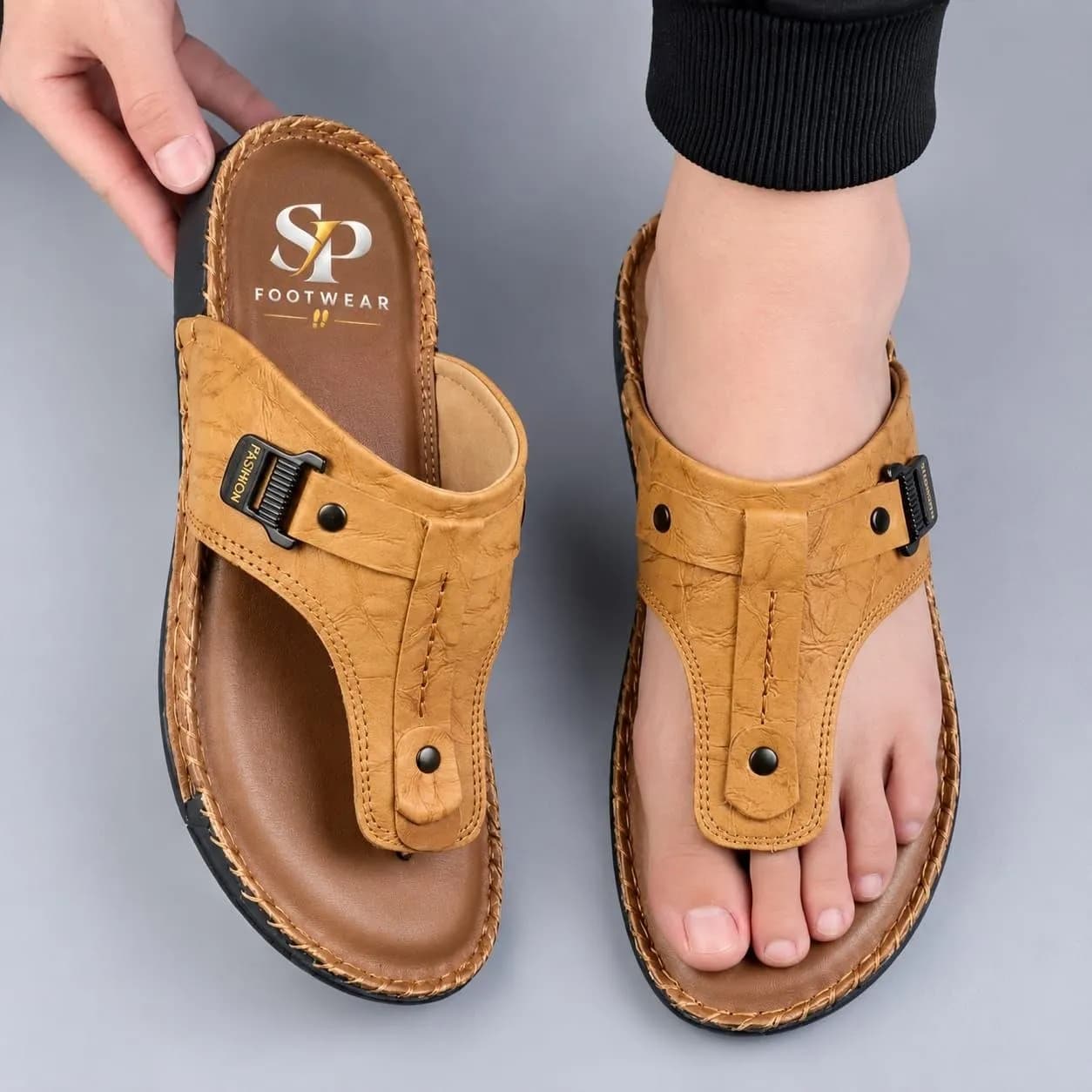 Men's Genuine BOB Leather Thong Sandal – Toe-Post with Buckle Strap — back view