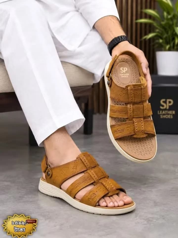 Men's Genuine BOB Leather 3-Strap Sandal – Adjustable Velcro Back Strap — back view
