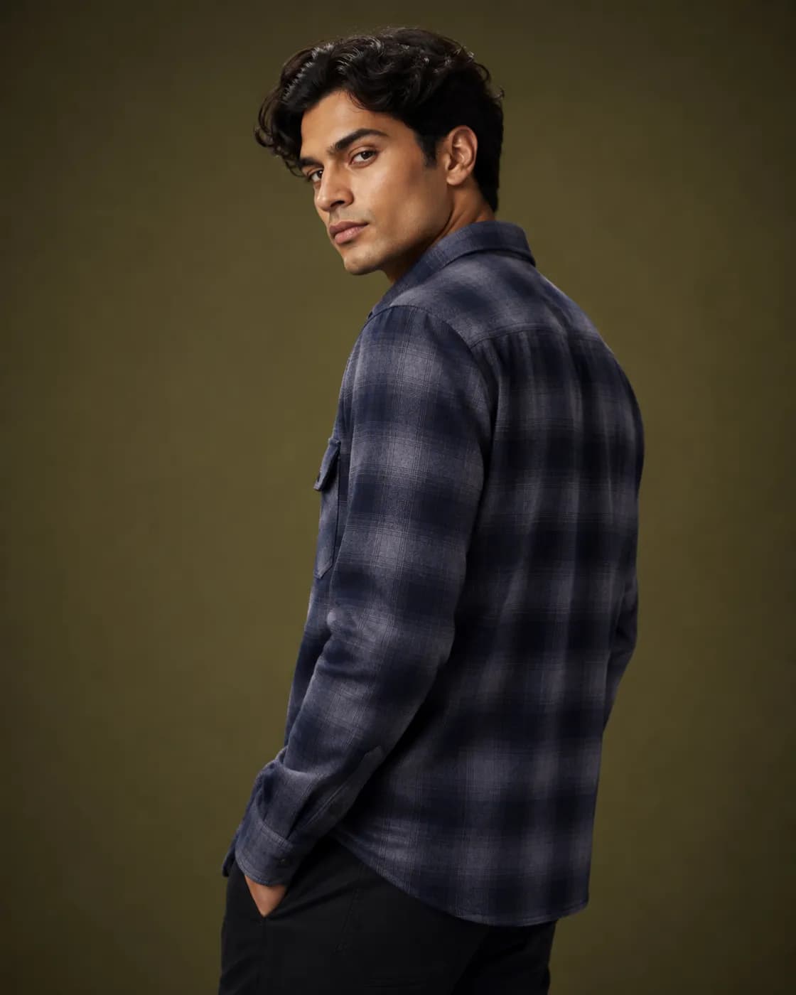 Men’s Navy Blue Plaid Overshirt — back view