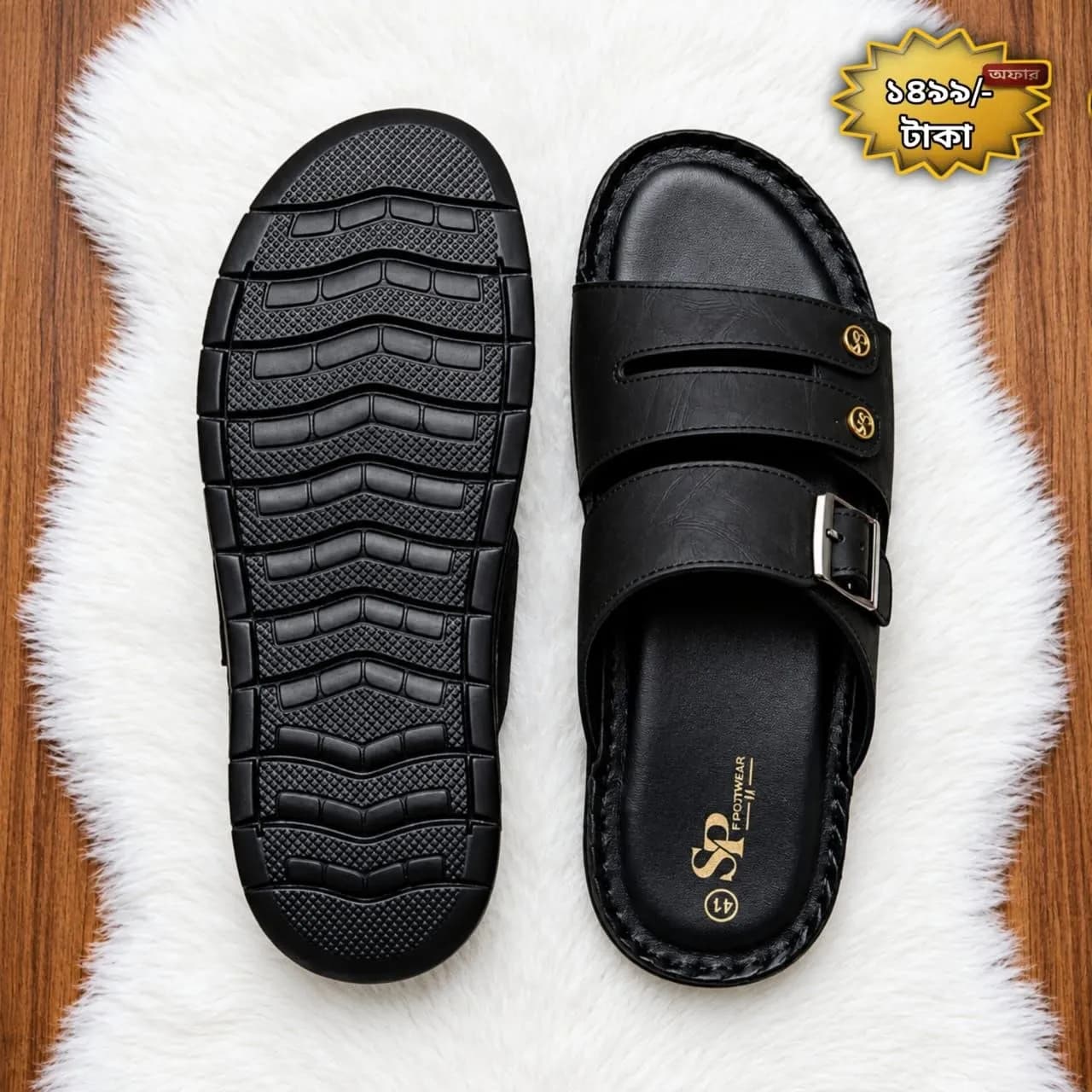 Men's Genuine BOB Leather Double-Strap Slide Sandal – Black, Buckle Detail — detail shot