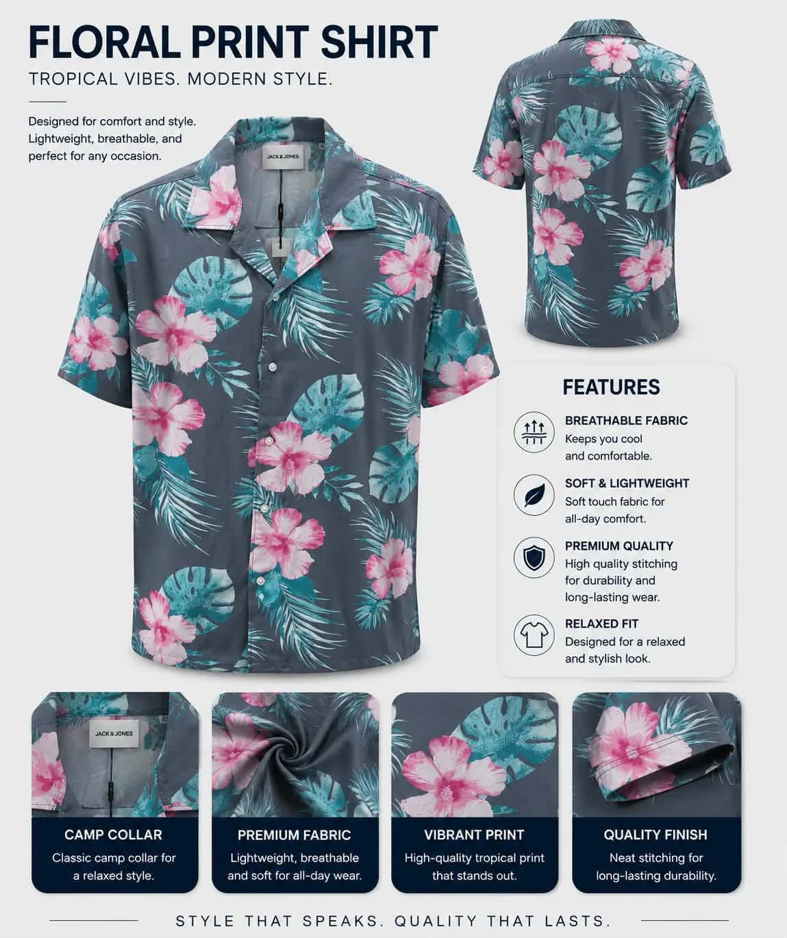 Tropical Floral Print Shirt - Charcoal Grey — Savageon Bangladesh