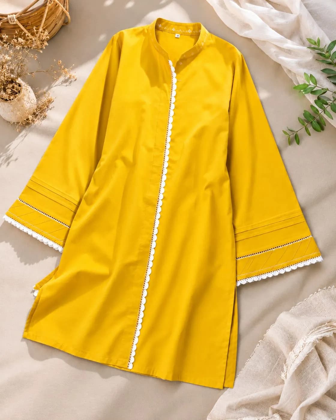 Premium Mustard Yellow Ladies Kurti with White Palazzo Set Women — back view