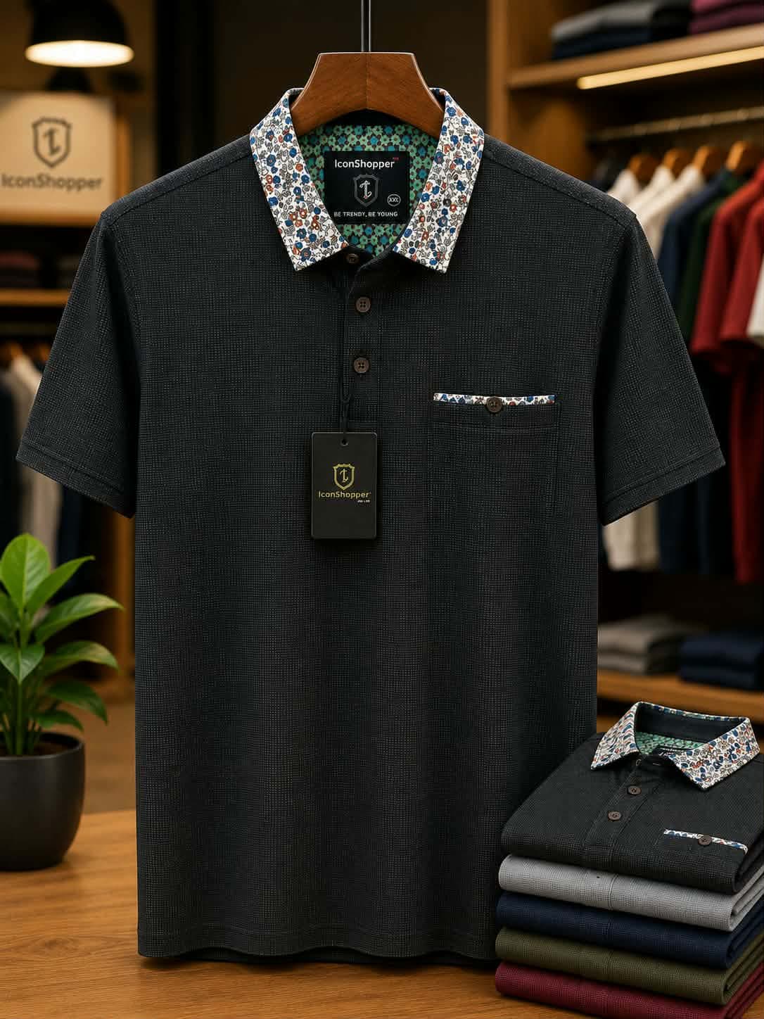 Black Textured Polo Shirt for Men – Contrast Collar Edition — Savageon Bangladesh
