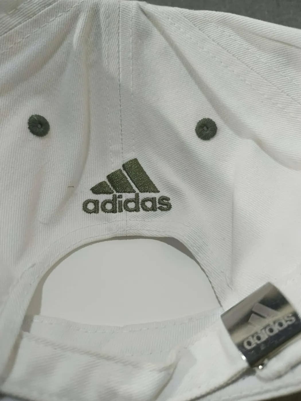 Adidas White & Olive 3-Stripe Cap — detail shot