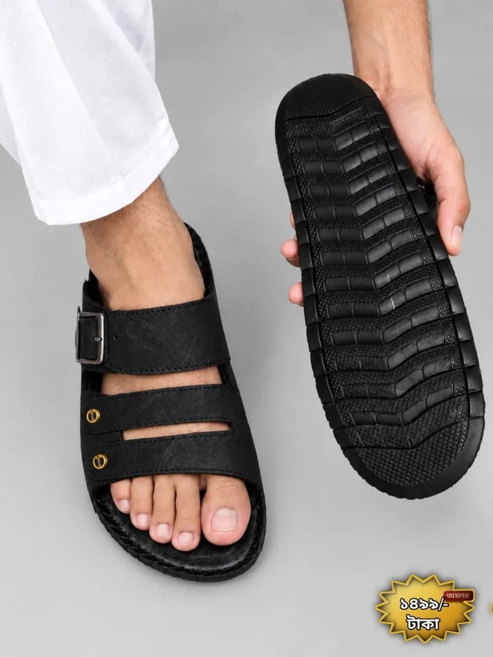 Men's Genuine BOB Leather Double-Strap Slide Sandal – Black, Buckle Detail — back view
