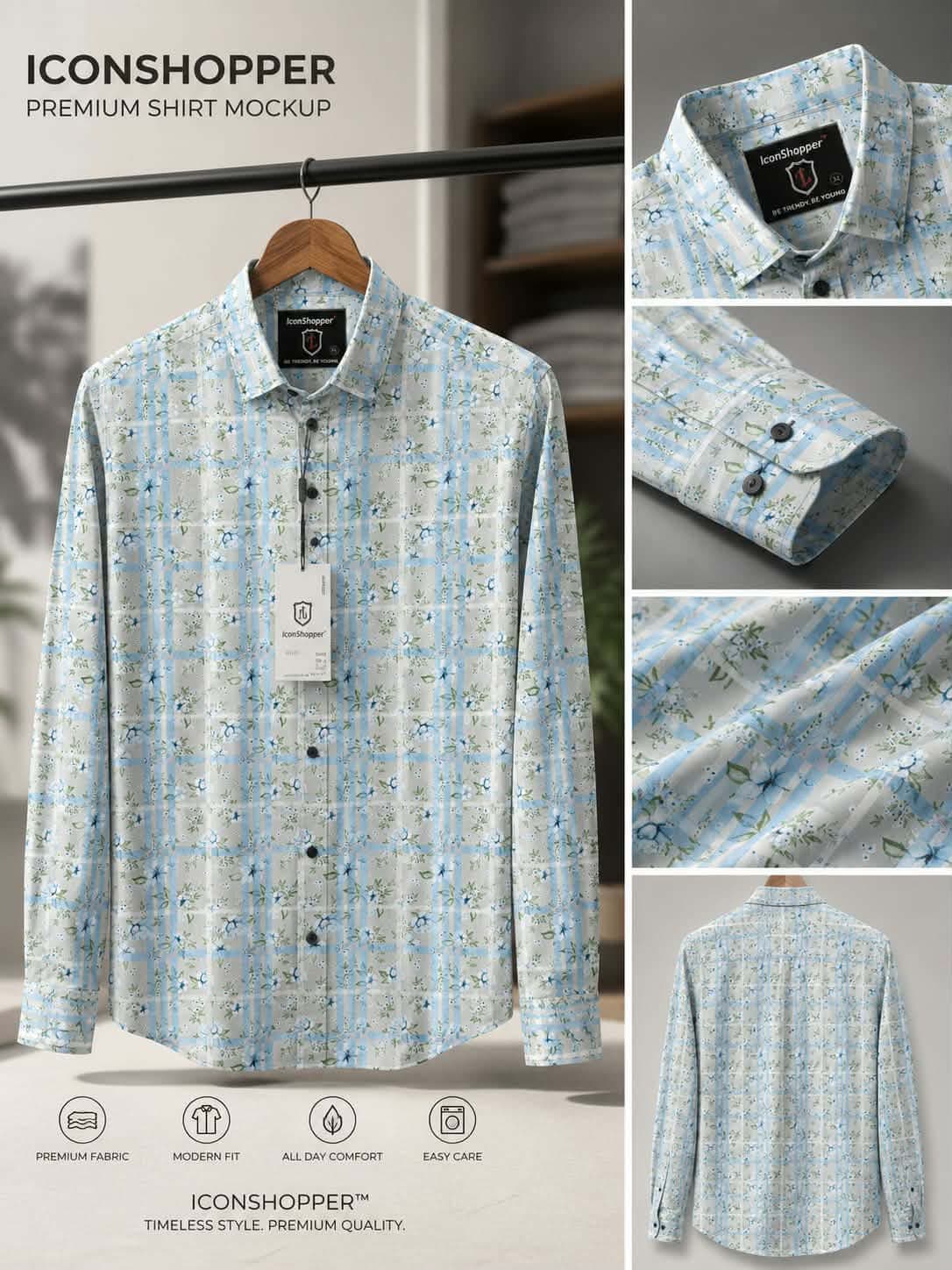 Sky Blue Floral Check Full Sleeve Shirt for Men — Savageon Bangladesh