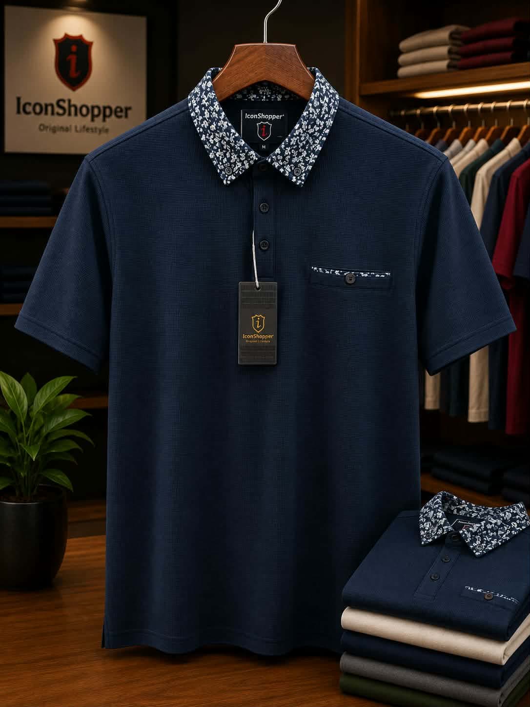 Navy Blue Floral Collar Polo Shirt for Men — Savageon Bangladesh
