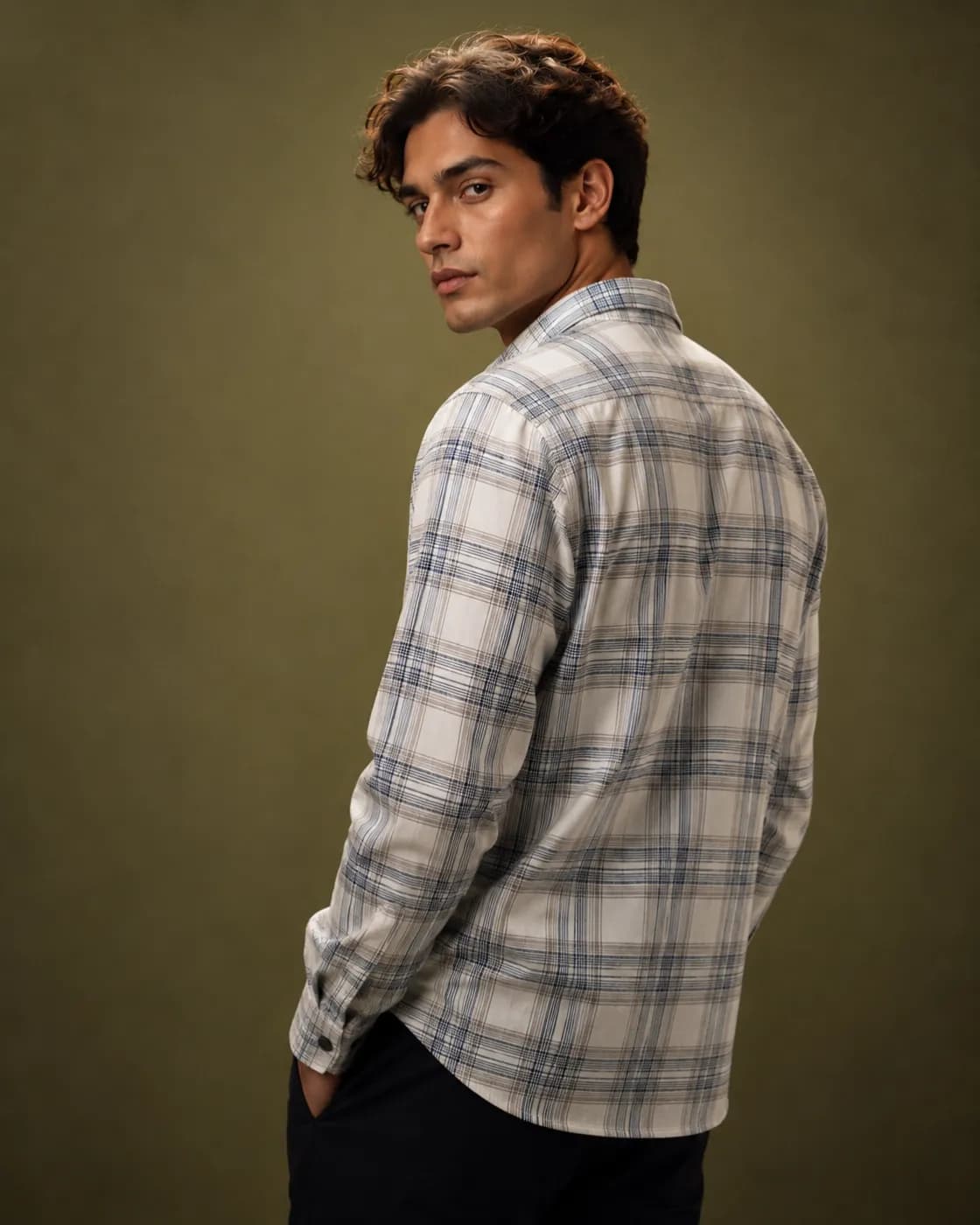 Men’s Cream & Navy Blue Plaid Overshirt — back view
