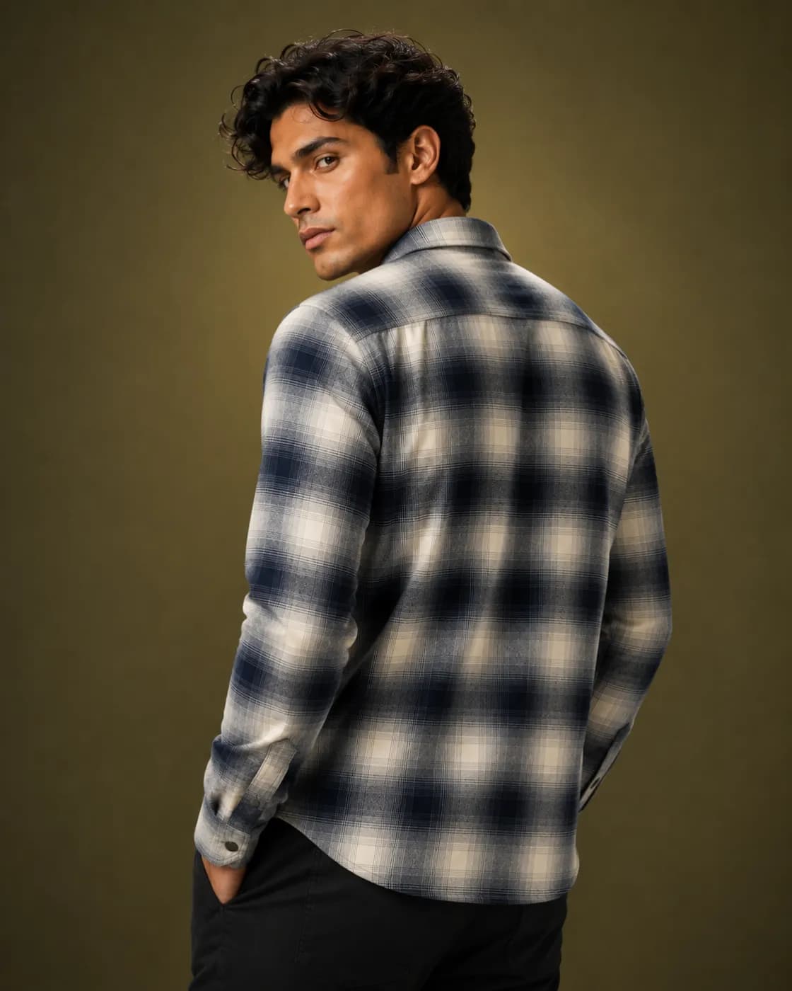 Men’s Blue & White Plaid Shirt — detail shot