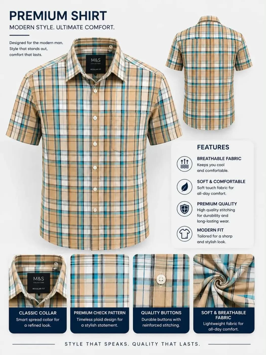 Check Print Shirt - Camel Teal — Savageon Bangladesh
