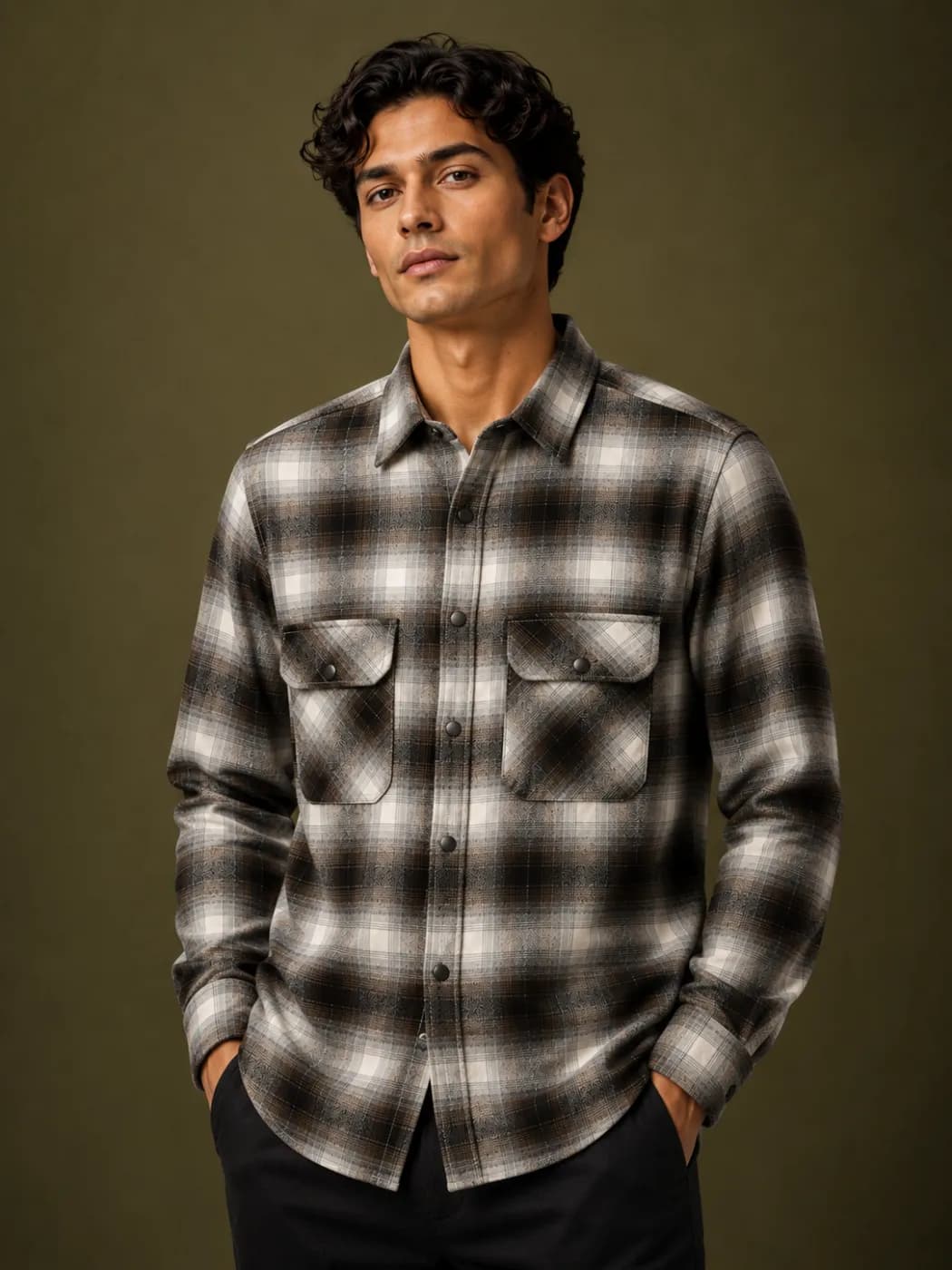 Men’s Chocolate Brown & Cream Plaid Shirt — back view