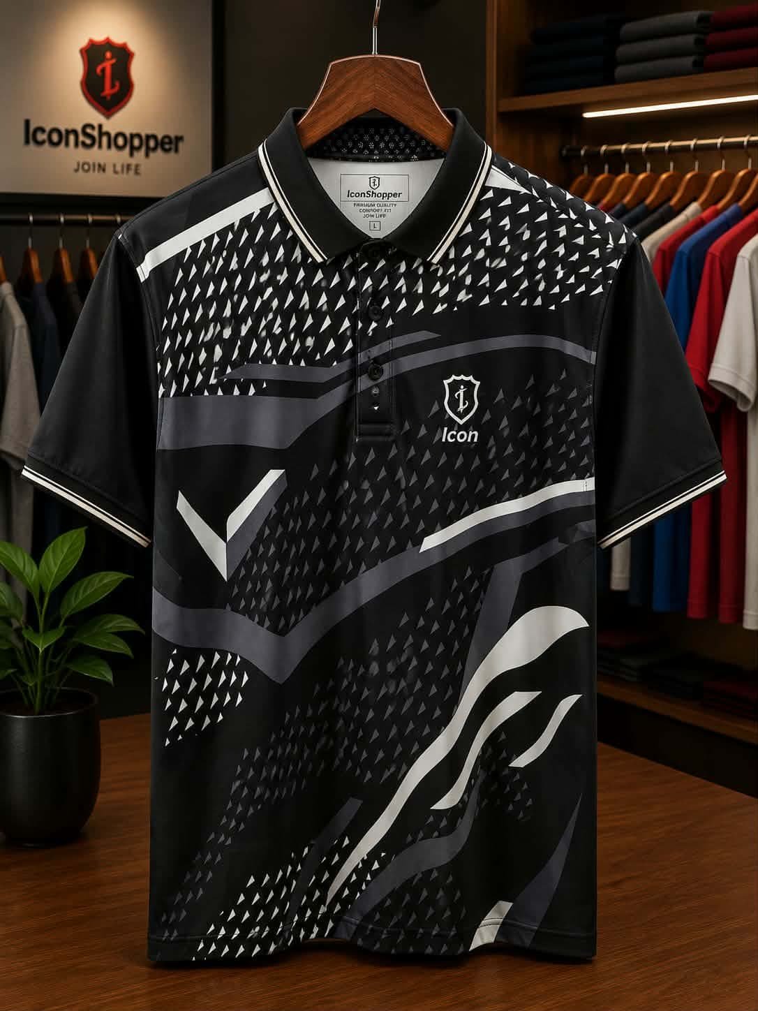 Premium Black Geometric Performance Polo Shirt — Savageon Bangladesh