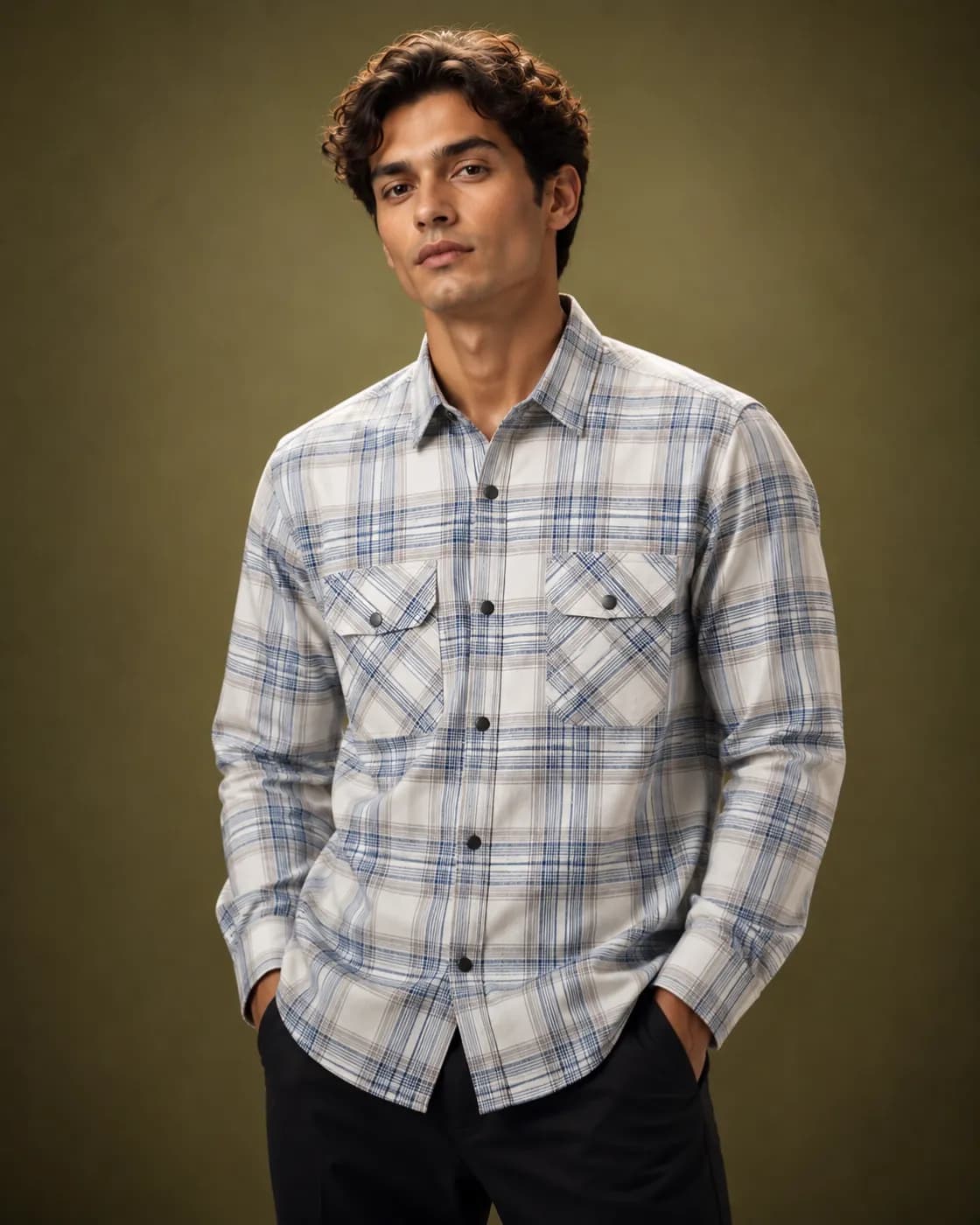 Men’s Cream & Navy Blue Plaid Overshirt — detail shot