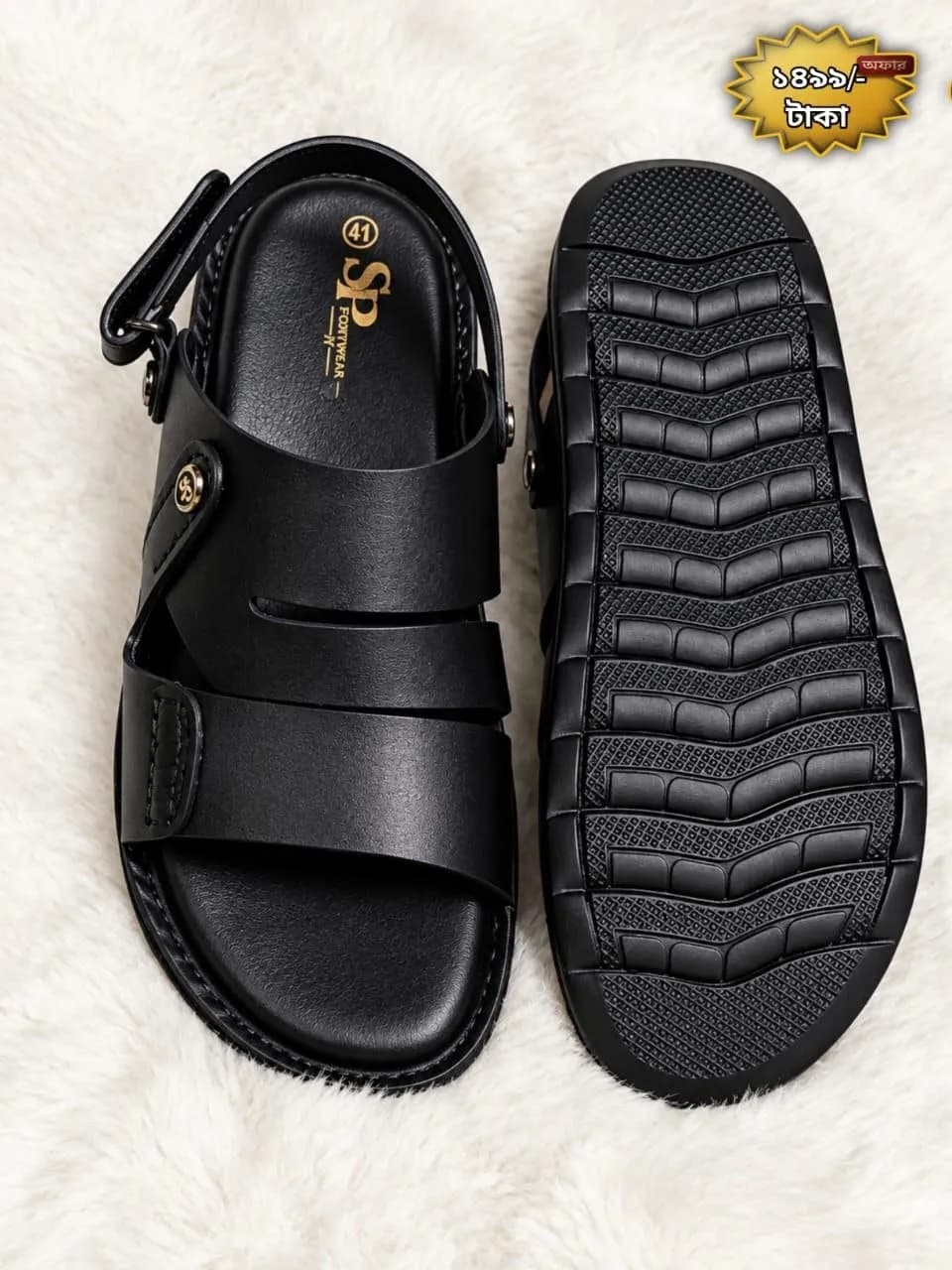 Men's Genuine BOB Leather Double-Strap Slide Sandal – Black, Buckle Detail — side view