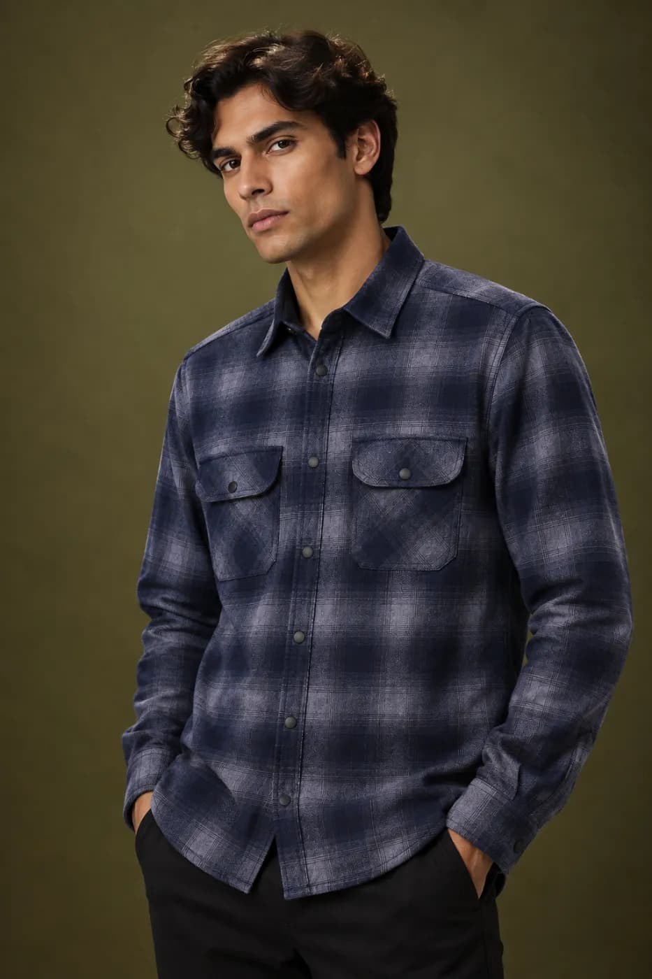 Men’s Navy Blue Plaid Overshirt — detail shot