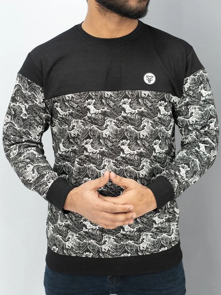 Marble Print Panel Sweatshirt - Black/White — Savageon Bangladesh