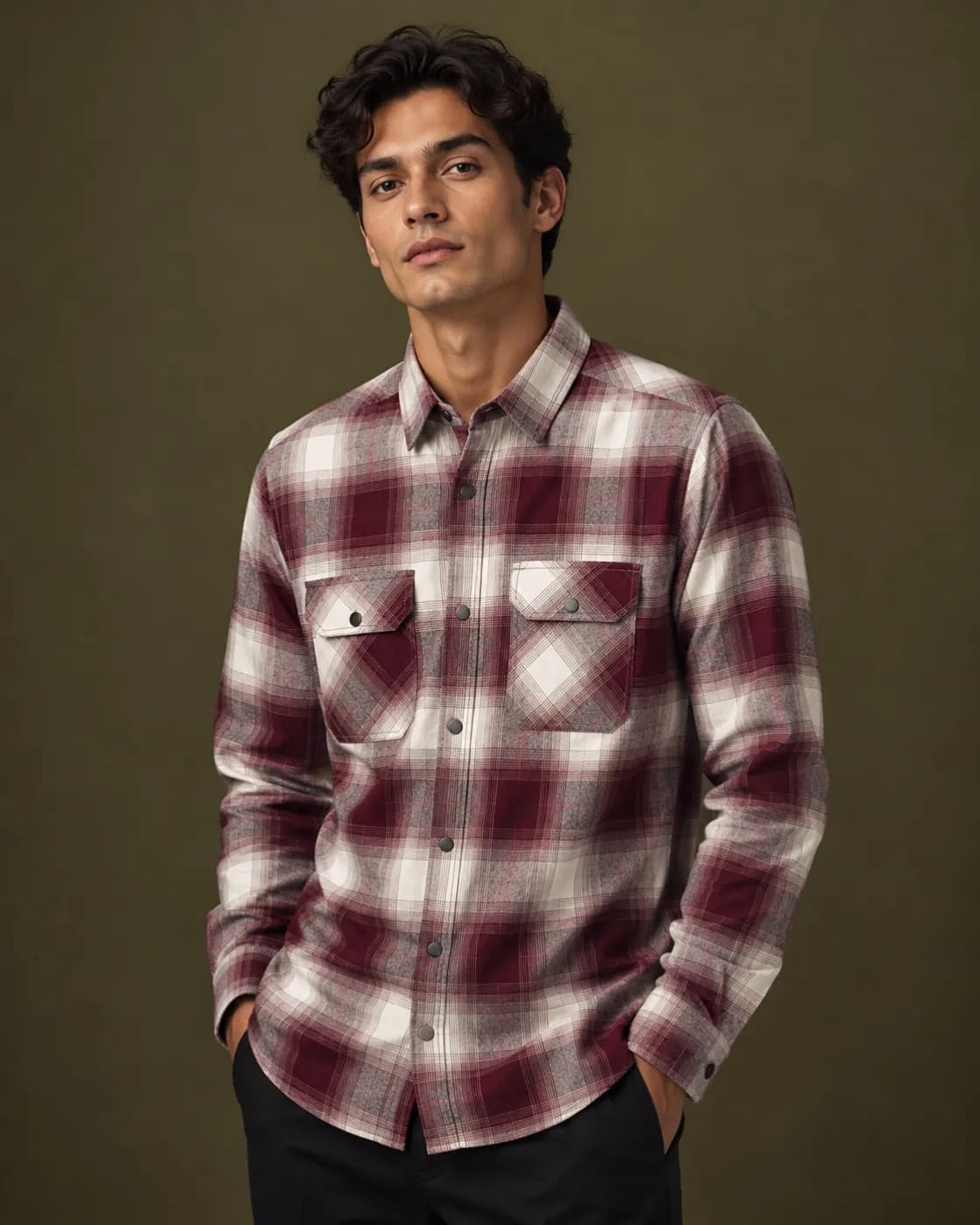 Men’s  Red with Cream-White Plaid Shirt — back view