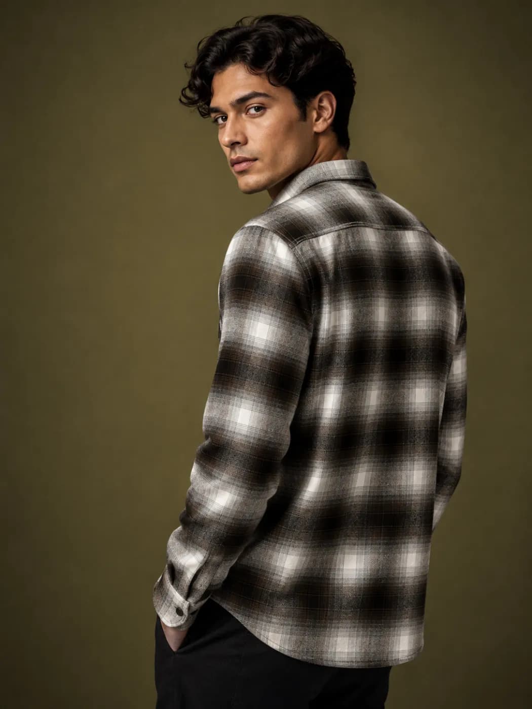 Men’s Chocolate Brown & Cream Plaid Shirt — detail shot