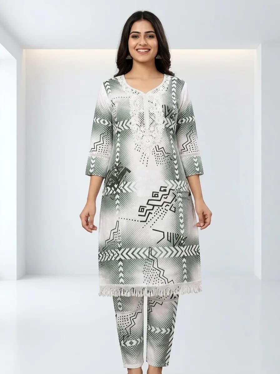 Girl Soft Two Piece Set. Elegant Geometric Print 2pis for women — detail shot