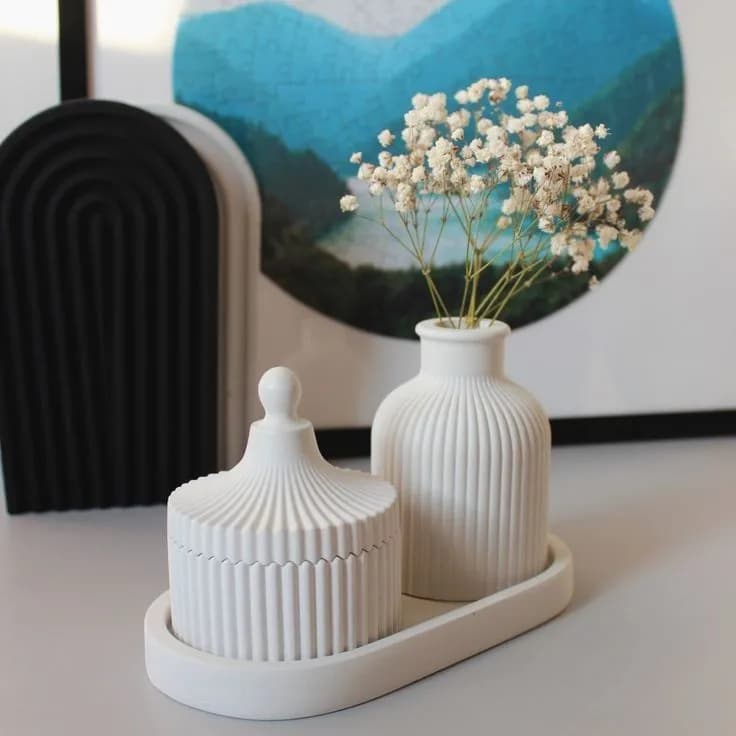 Gypsum Ribbed Vase, Jewelry Jar & Tray Decor Set (3-Piece Combo) Home Decor — back view