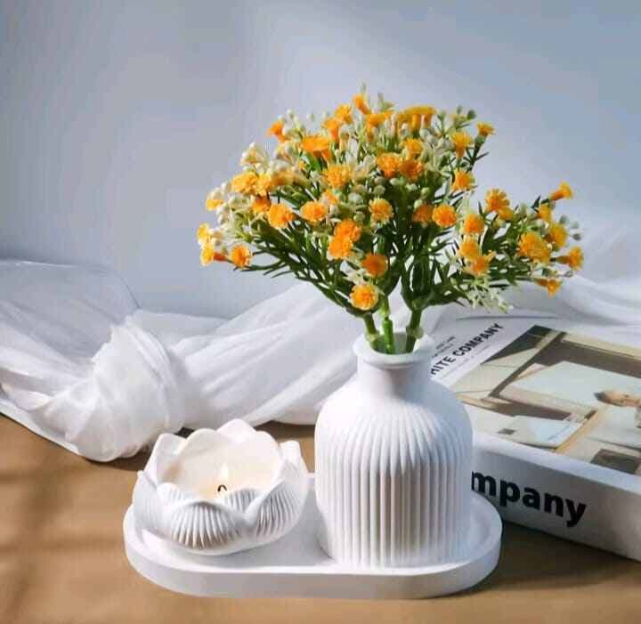 Gypsum Vase, Lotus Candle Holder & Tray Decor Set , showpiece — Savageon Bangladesh