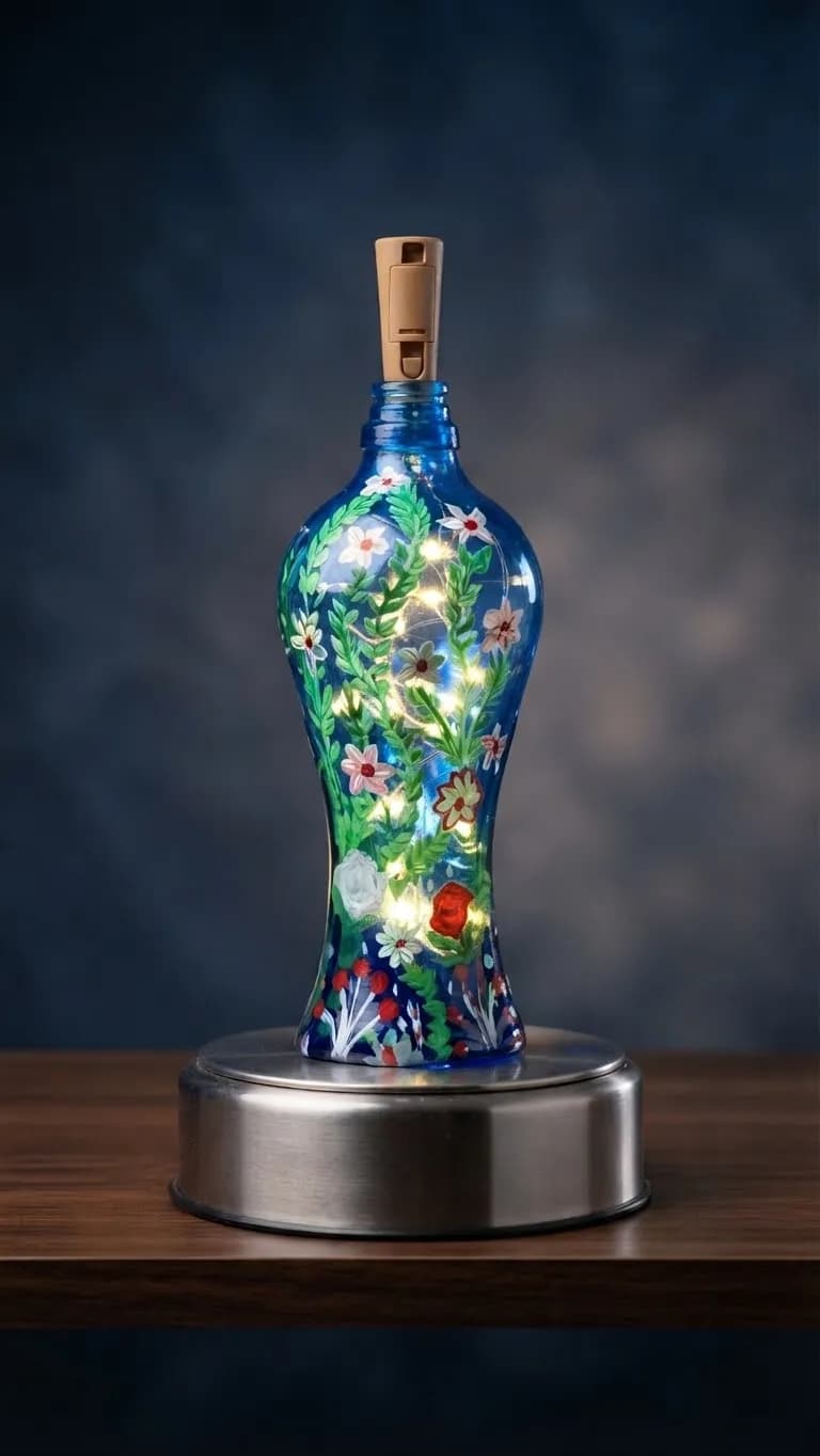 Handpainted Blue Floral Design LED Glass Bottle Lamp — Savageon Bangladesh