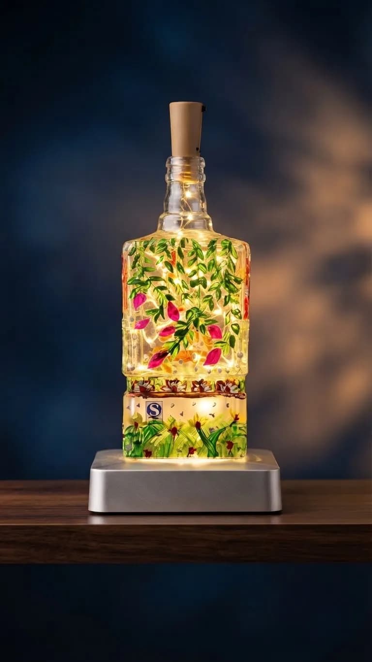 Handpainted Square Floral & Leaf Art LED Glass Bottle Lamp — Savageon Bangladesh