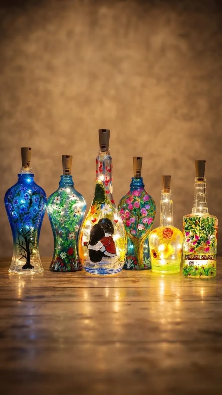 Decorative Handpainted LED Glass Bottle Lamp with Fairy Lights (Random one) Home Decor — back view