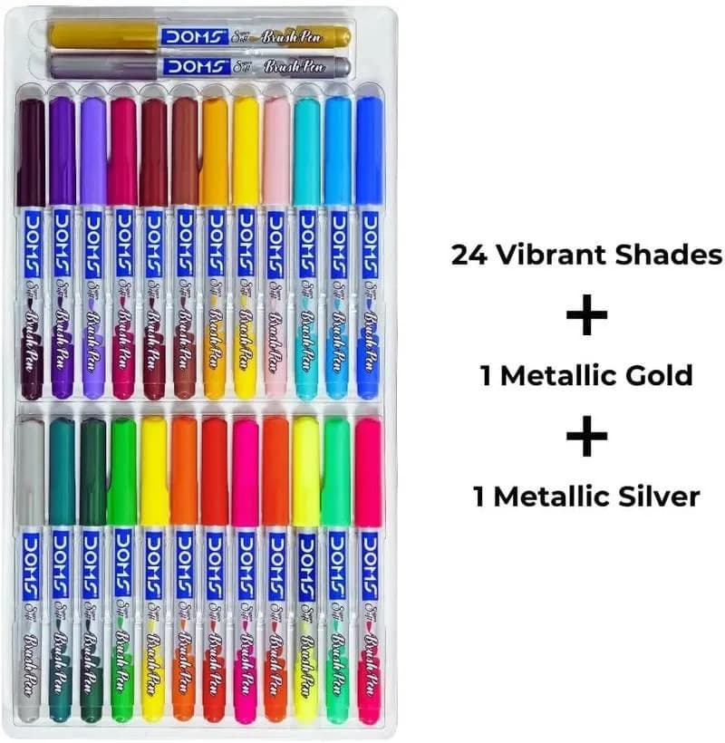 DOMS Metallic brush Pens - 26 Shades (24 Vibrant + 1 Metallic Gold + 1 Metallic Silver) — detail shot