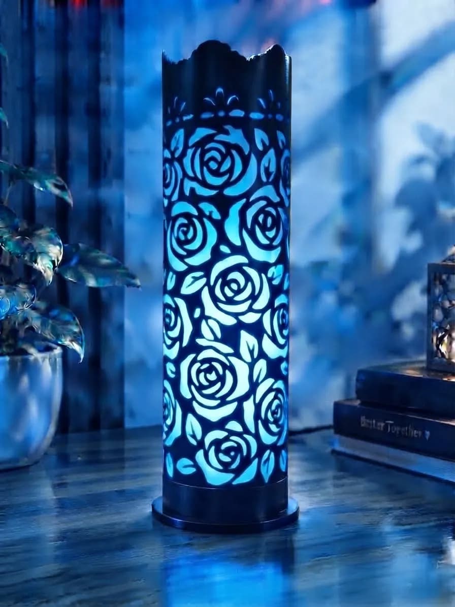 Decorative Rose Pattern Cylindrical LED Table Lamp Home Decor — back view
