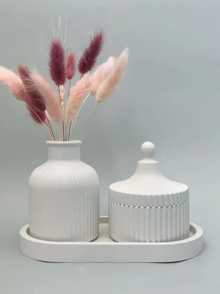 Gypsum Ribbed Vase, Jewelry Jar & Tray Decor Set (3-Piece Combo) Home Decor — detail shot