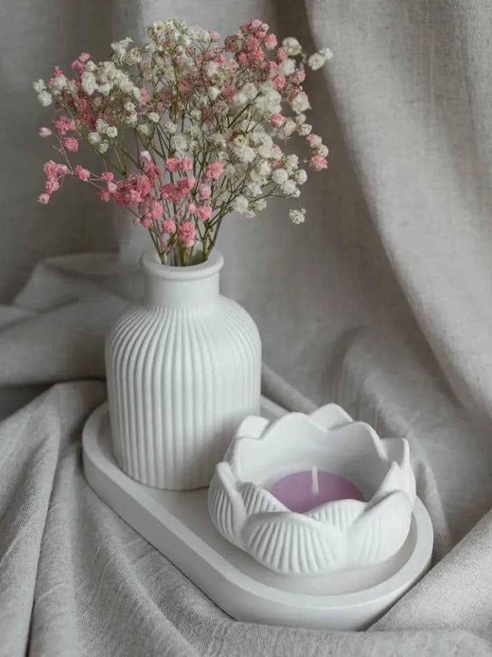 Gypsum Vase, Lotus Candle Holder & Tray Decor Set , showpiece Home Decor — side view