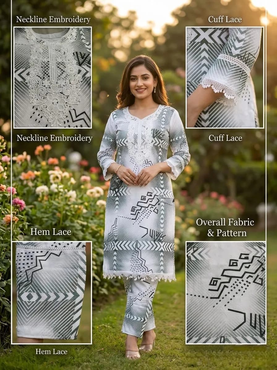 Girl Soft Two Piece Set. Elegant Geometric Print 2pis for women — fabric close-up