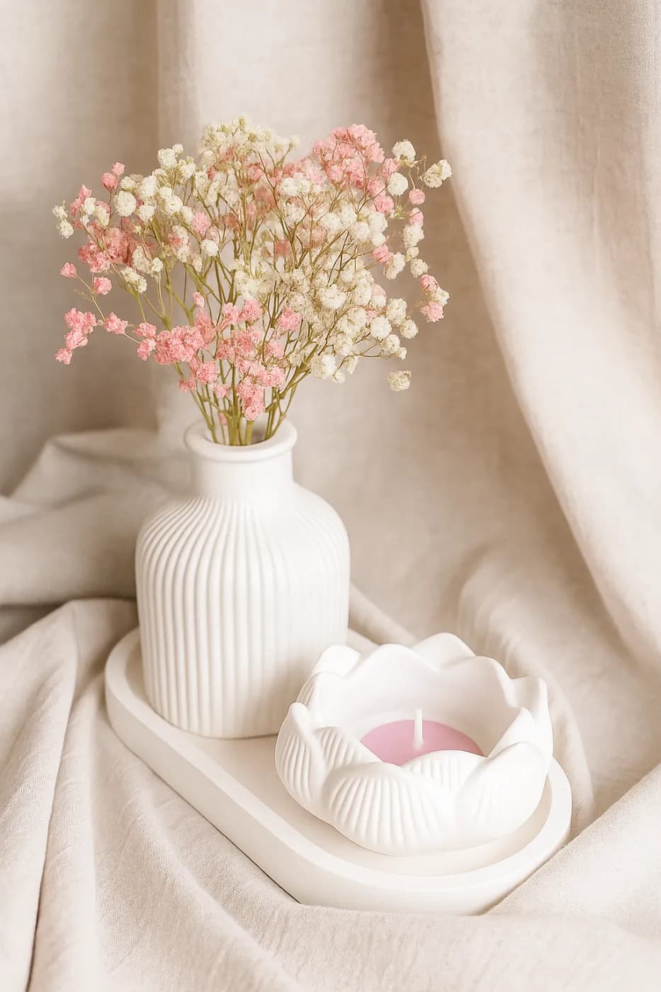 Gypsum Vase, Lotus Candle Holder & Tray Decor Set , showpiece Home Decor — back view