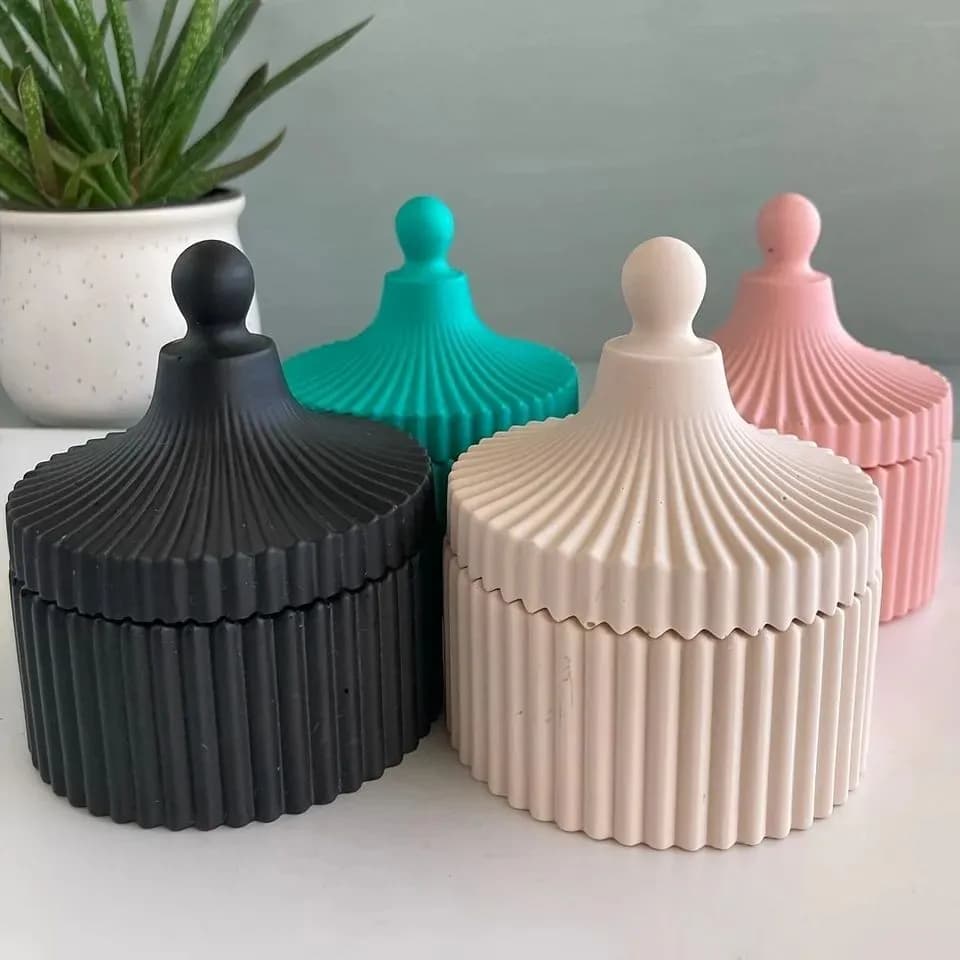 Gypsum Ribbed Jewelry Box & Lidded Storage Jar Showpiece (2pis combo) Home Decor — side view