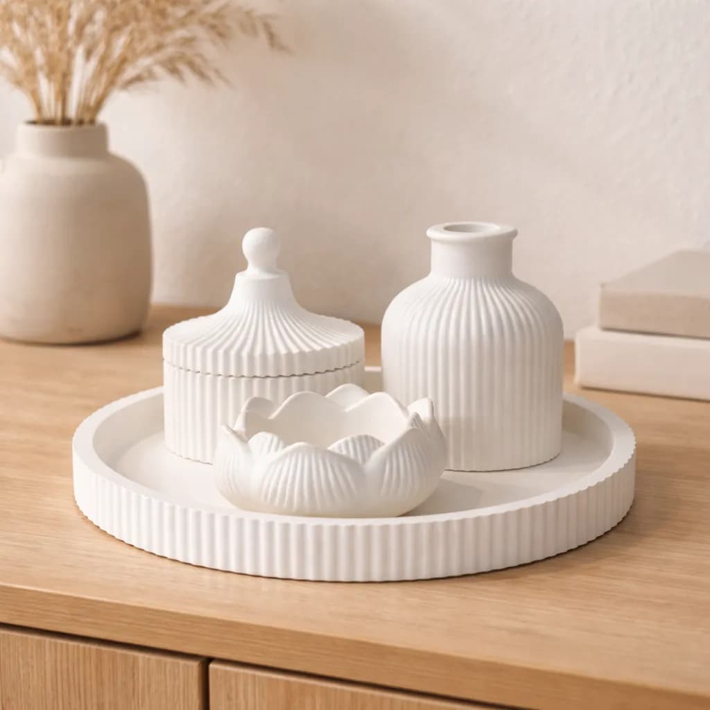 Gypsum Ribbed Vase, Storage Jar, Lotus Bowl & Round Tray Set (4-Piece Combo) Home Decor — side view