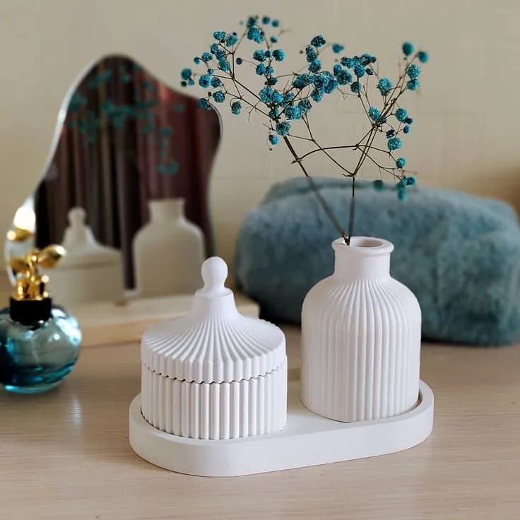 Gypsum Ribbed Vase, Jewelry Jar & Tray Decor Set (3-Piece Combo) Home Decor — side view