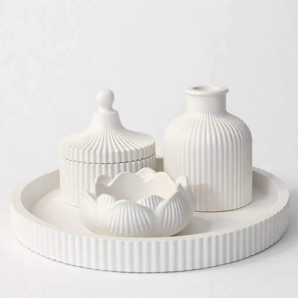 Gypsum Ribbed Vase, Storage Jar, Lotus Bowl & Round Tray Set (4-Piece Combo) Home Decor — back view
