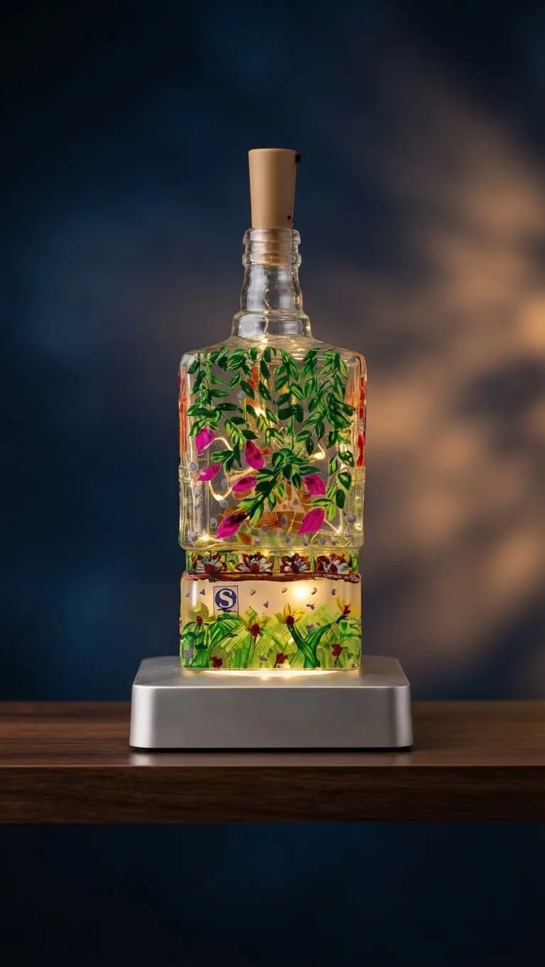 Handpainted Square Floral & Leaf Art LED Glass Bottle Lamp Home Decor — back view
