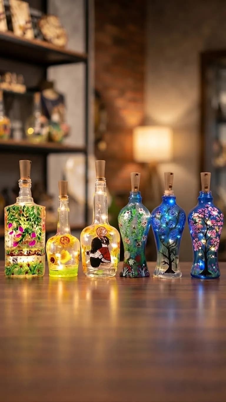 Decorative Handpainted LED Glass Bottle Lamp with Fairy Lights (Random one) Home Decor — side view