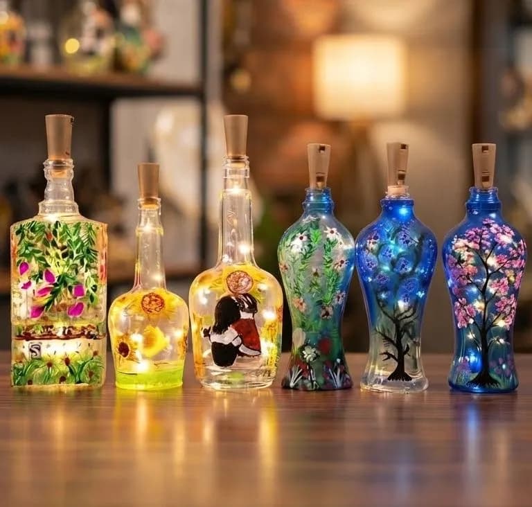 Handpainted Sunflower Design LED Glass Bottle Lamp Home Decor — back view