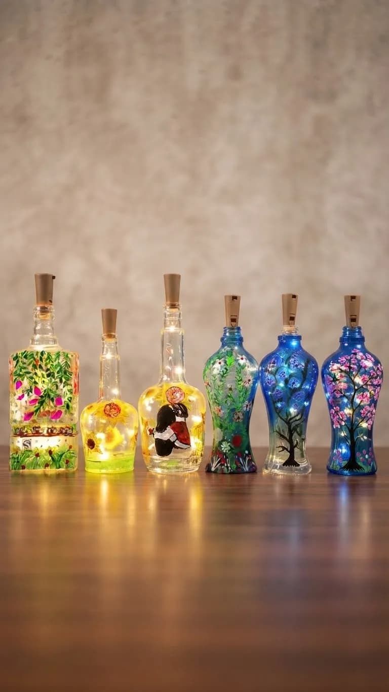 Decorative Handpainted LED Glass Bottle Lamp with Fairy Lights (Random one) Home Decor — detail shot